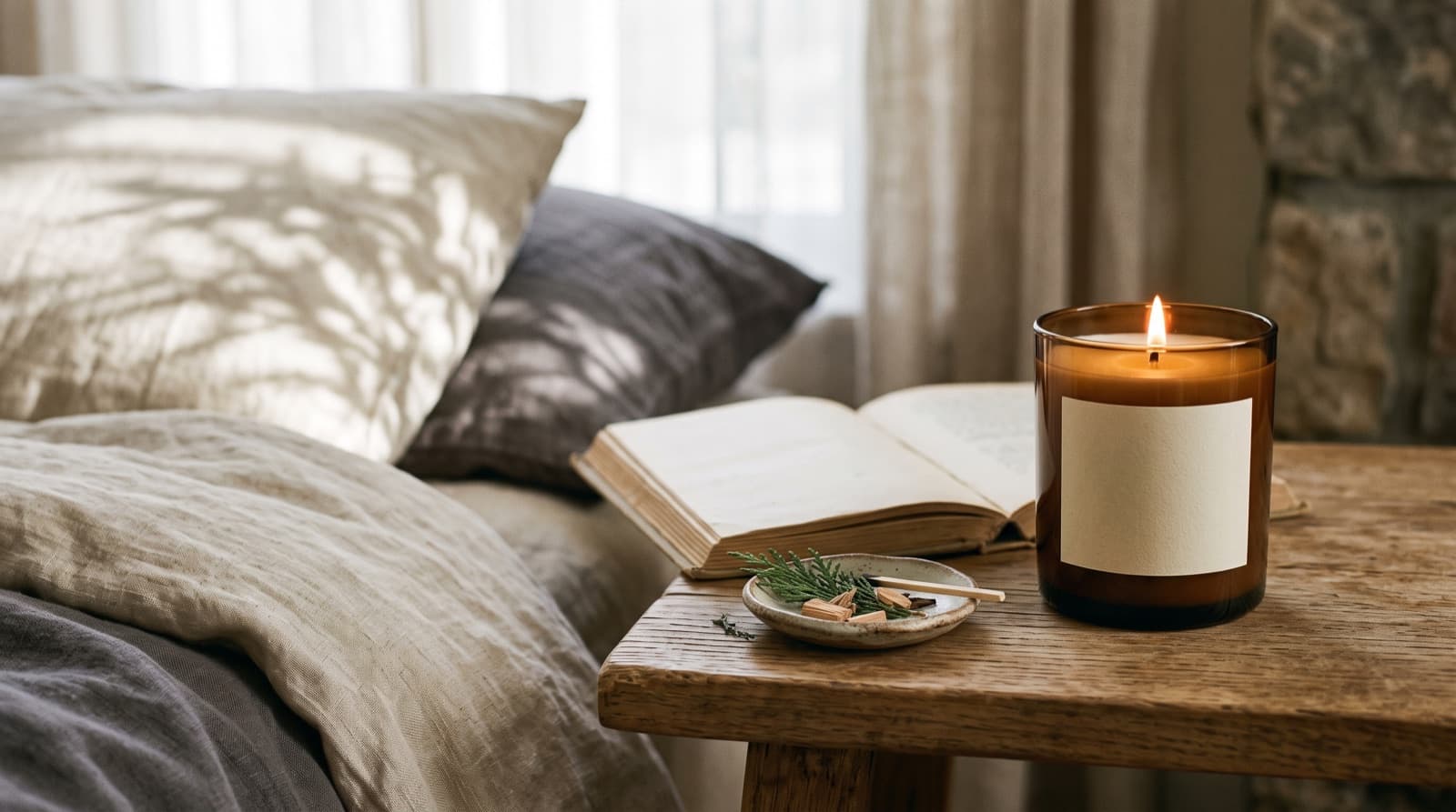 Generated Cedar No. 04 candle ad in warm morning light